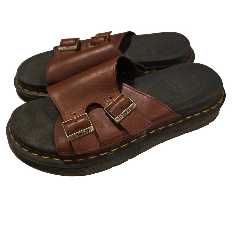 Dr Martens Dax Slide Sandals Mens 8 Brown Leather Double Buckle Platform AW004
